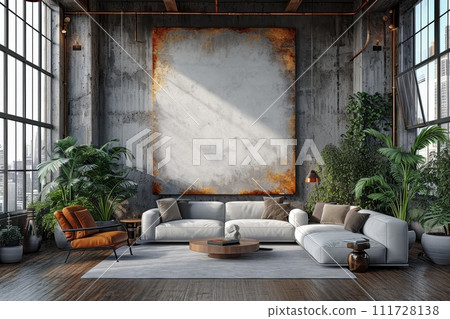 Stylish interior with an empty painting. An empty poster on the wall in the interior 111728138