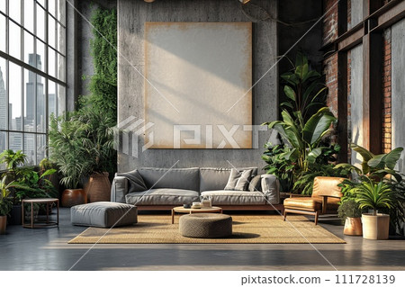 Stylish interior with an empty painting. An empty poster on the wall in the interior Stylish interior with an empty painting. An empty poster on the wall in the interior 111728139