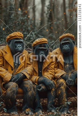 Gorillas in clothes are sitting on a couch outside 111728141