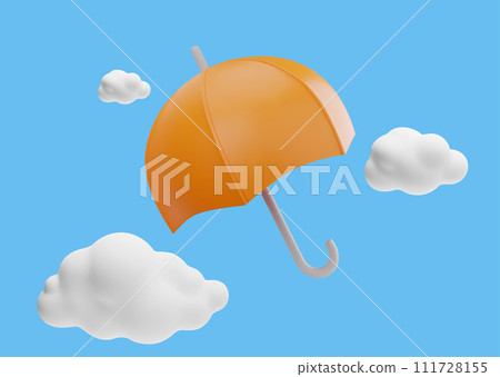 Flying orange umbrella and clouds on blue sky, 3D vector cartoon weather forecast icon, insurance protection or safety Flying orange umbrella and clouds on blue sky, 3D vector cartoon weather forecast icon, insurance protection or safety 111728155