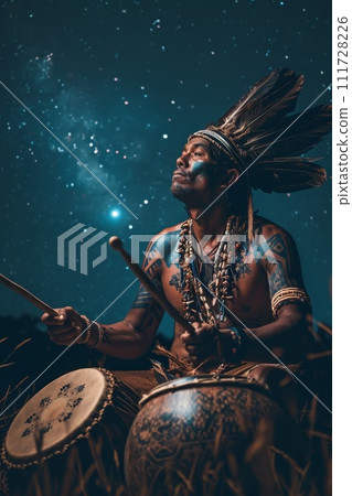 A creative man plays drums on an abstract background 111728226