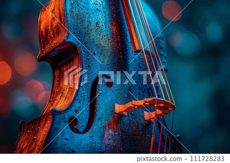 A double bass set obliquely in anticipation of use at a classical music concert. The double bass is in the room 111728283