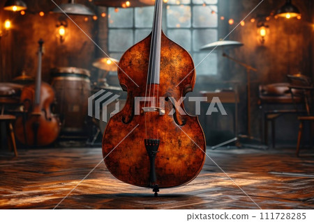 A double bass set obliquely in anticipation of use at a classical music concert. The double bass is in the room 111728285