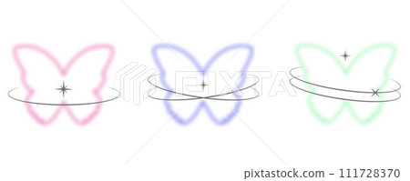 Y2k blurred butterfly. Gradient sticker element. Aesthetic groovy soft figure with glow. Aura trendy effect with orbits and sparkles on white background 111728370