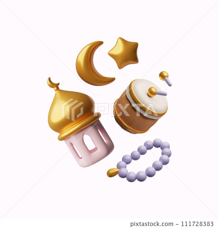 Ramadan symbols lamps and rosaries, 3D realistic vector illustration isolated. Ramadan symbols lamps and rosaries, 3D realistic vector illustration isolated. 111728383