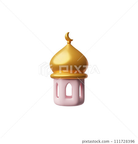 Decoration lantern with golden crescent moon, vector cartoon Arabian lamp with Islamic Ramadan religion symbol isolated 111728396