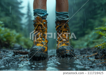 A man walking through mud in the middle of the jungle in rainy weather A man walking through mud in the middle of the jungle in rainy weather 111728425