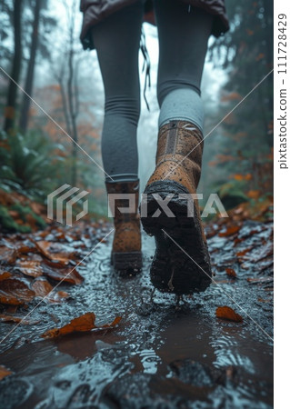 A man walking through mud in the middle of the jungle in rainy weather 111728429