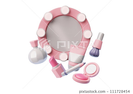 3D makeup mirror with light bulbs and beauty cosmetic products, foundation powder, blender brush, lipstick cream tube 3D makeup mirror with light bulbs and beauty cosmetic products, foundation powder, blender brush, lipstick cream tube 111728454