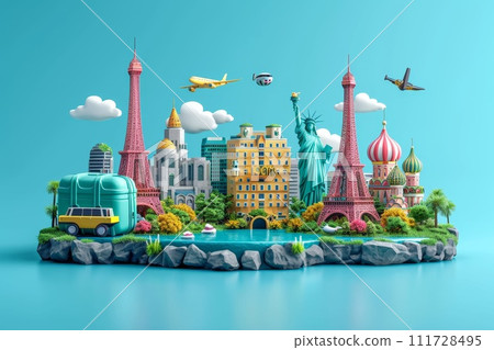 The concept of a round-the-world trip with luggage. A city on an island . 3d illustration 111728495