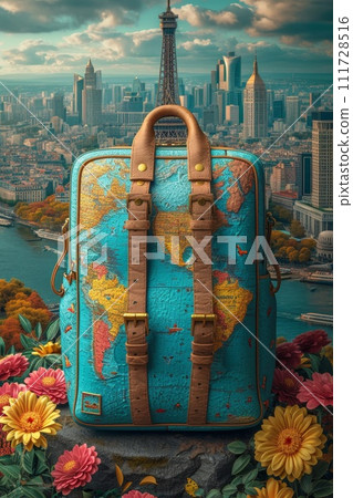 The concept of traveling around the world with luggage. A suitcase with things. 3d illustration 111728516