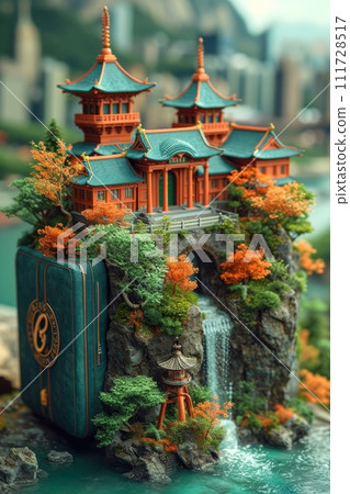 A castle on a vertical cliff with a cliff. 3d illustration 111728517