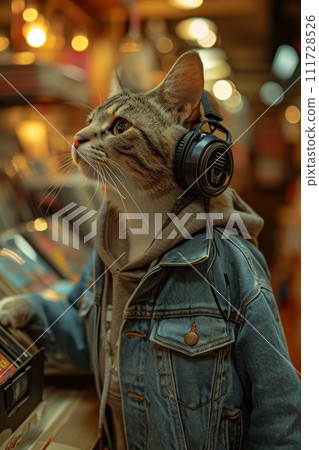 A cat with headphones in a music store 111728526