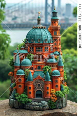 The concept of a round-the-world trip with luggage. A city on an island . 3d illustration 111728554