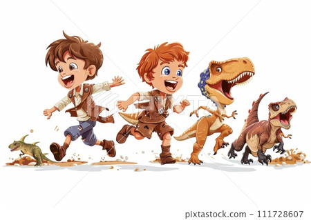 Children play and run with dinosaurs. Illustration 111728607