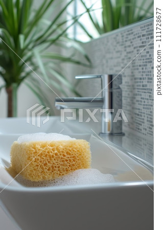 A sea sponge in foam in the bathroom for washing 111728677