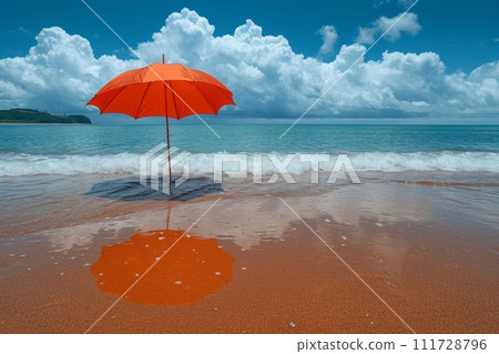 A red umbrella on a deserted beach against the background of the sea 111728796