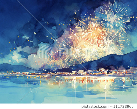Watercolor painting of fireworks display landscape AI image 111728963