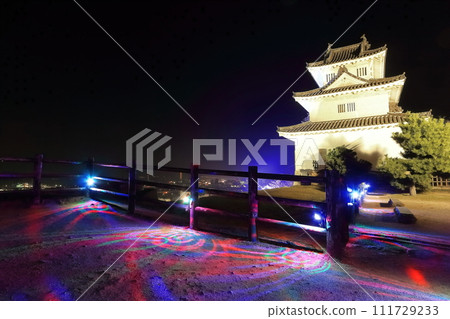 [Kagawa Prefecture] Night view of Marugame Castle illuminated (famous castle with existing castle tower and stone walls) 111729233