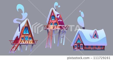 Wooden cabin covered with snow 111729281