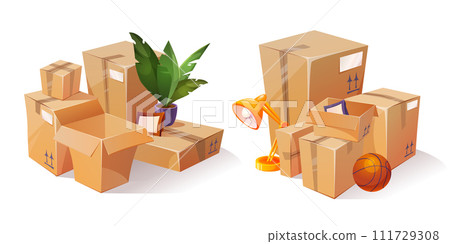 Cardboard box piles with house stuff 111729308