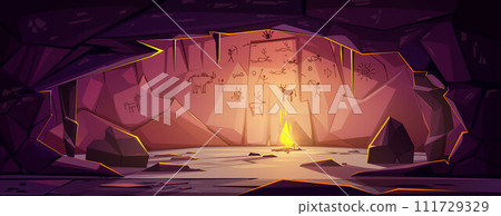 Prehistoric cave with bonfire and drawings on wall 111729329