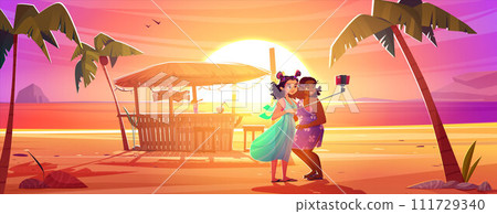 Teen girls taking selfie on summer beach 111729340