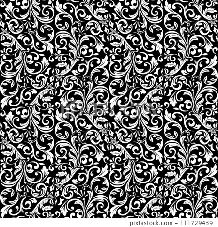 Flower pattern. Seamless white and black ornament. Graphic vector background. Ornament for fabric, wallpaper, packaging Flower pattern. Seamless white and black ornament. Graphic vector background. Ornament for fabric, wallpaper, packaging 111729439