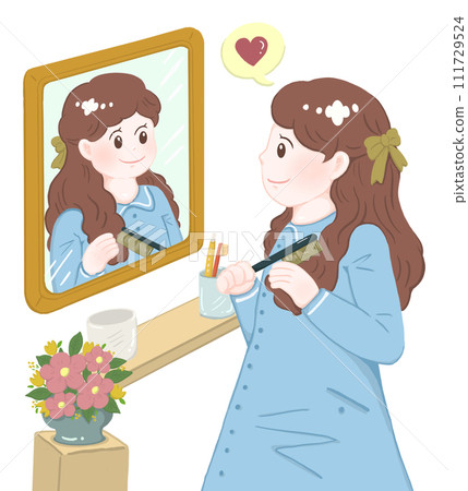 Girl grooming herself, combing her hair, fashionable 111729524