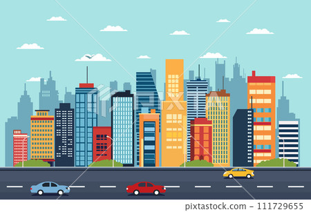 Highway Street in City with Cityscape Building in Bright Day Flat Design Illustration 111729655