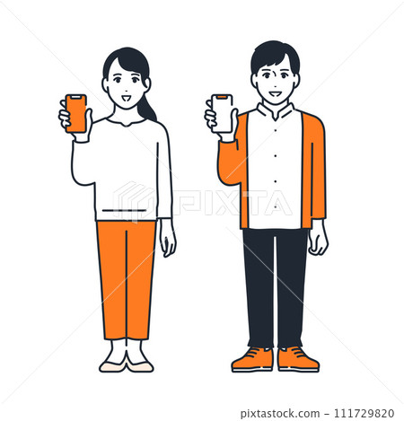 年輕男女展示智慧型手機螢幕的簡單向量插圖集 111729820