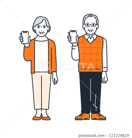 Simple vector illustration set material of a senior couple showing their smartphone screen 111729829