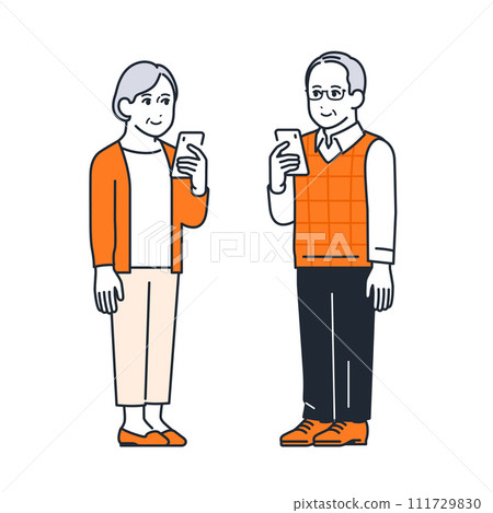 Simple vector illustration set material of a senior couple with smartphones 111729830