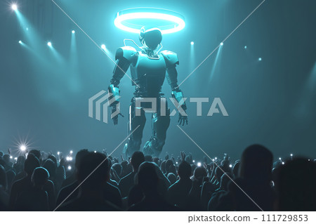AI-generated content. Cyber god in front of their adepts for artificial super intelligence encounter AI-generated content. Cyber god in front of their adepts for artificial super intelligence encounter 111729853