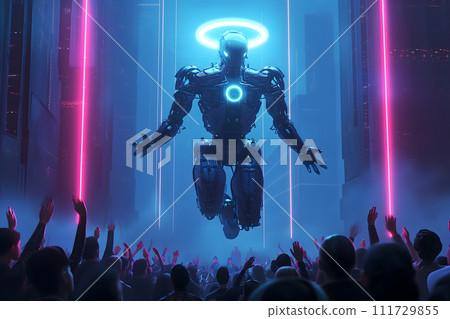 AI-generated content. Cyber god in front of their adepts for artificial super intelligence encounter 111729855