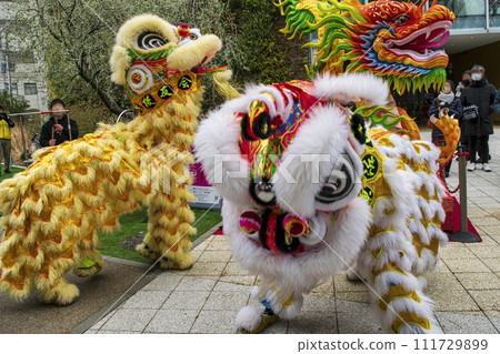 Yokohama Chinatown Chinese New Year Festival, Harvesting, Chinese New Year Praying Lion Dance, in front of Yokohama Marine Tower 111729899