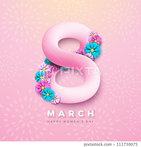 8 March. Happy Women's Day Floral Illustration. International Womens Day Vector Design with Spring Flower and Typography Letter on Light Pink Background. Woman or Mother Day Theme Template for Flyer 111730075