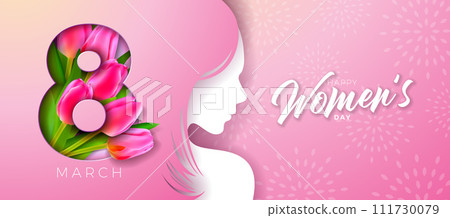 8 March International Women's Day Vector Illustration with Spring Colorful Tulip Flower and Young Woman Face Silhouette on Light Pink Background. Women or Mother Day Theme Template for Flyer, Greeting 111730079