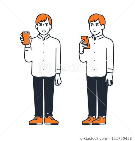 Simple vector illustration set material of a young man holding a smartphone 111730438