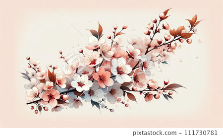 可愛的粉紅色櫻花盛開的插圖。一幅春天般的景象,美麗的花朵盛開。 可愛的粉紅色櫻花盛開的插圖。一幅春天般的景象,美麗的花朵盛開。 111730781