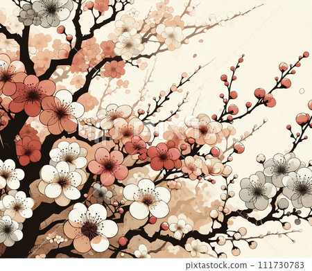一棵盛開的櫻花樹的插圖。一幅春天般的景象。櫻花樹枝上盛開著許多花朵。 一棵盛開的櫻花樹的插圖。一幅春天般的景象。櫻花樹枝上盛開著許多花朵。 111730783