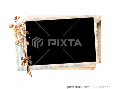 Old photo, dry leaf and flowers, vintage paper card and retro envelope. Nostalgic square scrapbooking kit. Isolated on white background. Mock up template. Copy space for text Old photo, dry leaf and flowers, vintage paper card and retro envelope. Nostalgic square scrapbooking kit. Isolated on white background. Mock up template. Copy space for text 111731358