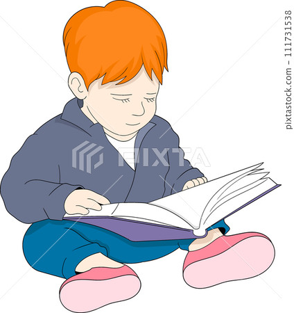 educational cartoon doodle illustration, child is sitting reading a book studying mathematics 111731538