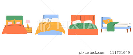 Set of trendy beds in scandinavian style. Modern soft furniture collection. 111731649