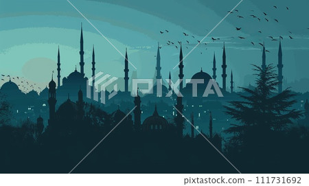 Silhouette of mosque in the city at night. Silhouette of mosque in the city at night. 111731692