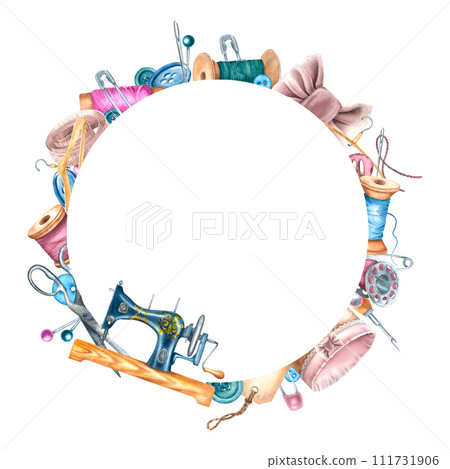 Sewing wreath with sewing machine, thread and vintage scissors. Hand drawn watercolor illustration Frame with tailor supplies on white isolated background. Drawing of handicraft accessories for icon Sewing wreath with sewing machine, thread and vintage scissors. Hand drawn watercolor illustration Frame with tailor supplies on white isolated background. Drawing of handicraft accessories for icon 111731906