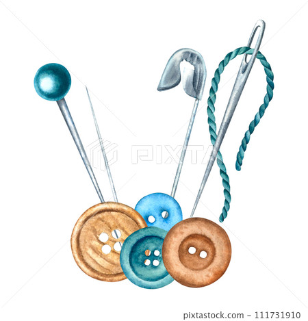 Safety pin, needle and thread, plastic head pin, buttons. Hand drawn watercolor illustration isolated on white background for icon or logo. Sewing tools in grey, green, brown and blue colors. Safety pin, needle and thread, plastic head pin, buttons. Hand drawn watercolor illustration isolated on white background for icon or logo. Sewing tools in grey, green, brown and blue colors. 111731910