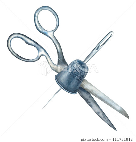 Scissors with a thimble and a needle. Watercolor hand drawn illustration of sewing tools on an isolated background for an icon, logo or business card. Sewing composition of iron items for needlework 111731912