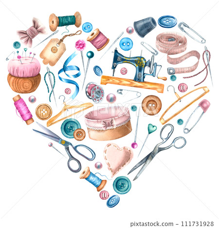 Heart with threads, needles, clothes hangers, pincushion, thimble. Hand drawn watercolor illustration with different sewing accessories for icons and cards. Frame for seamstress business card design 111731928
