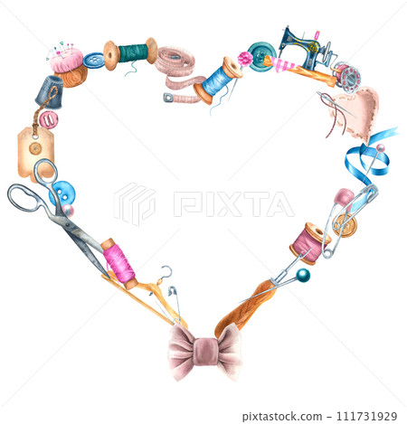 Heart shape Wreath with bow. Hand drawn watercolor illustration of frame with sewing accessories on isolated background. Art drawing of craft supplies for greeting cards, business cards or logo 111731929
